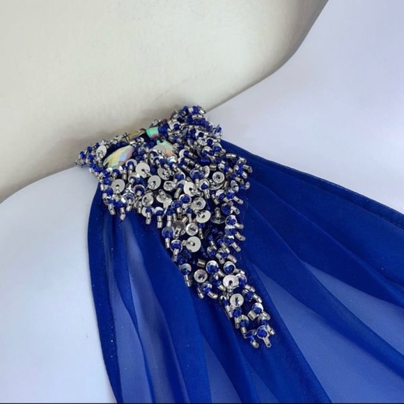 Mac Duggal One Shoulder Blue Formal Mini Dress Skater Beaded Sequins Size 14 - Picture 8 of 10